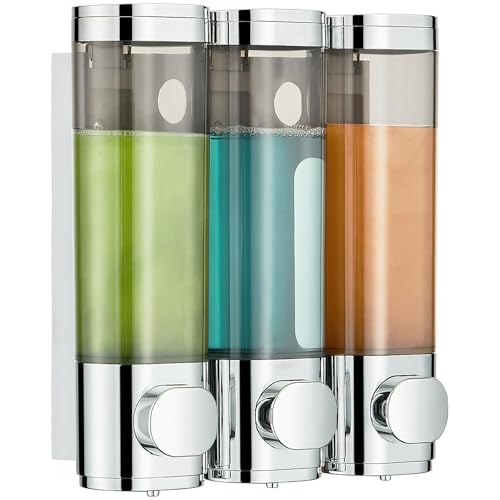 modunful Shower Dispenser 3 Chamber No Drill Shampoo Dispenser for Shower Wall Mounted Shampoo Conditioner Body Wash for Bathroom,Large Capacity,Chrome