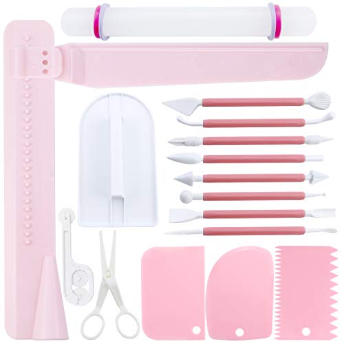 LeonBach 16 Pcs Cake Decoration Tool Set Adjustable Cream Smoother Cake Carving Group Rolling Pin Cookie Cutter Fancy Scissors Baking Tools