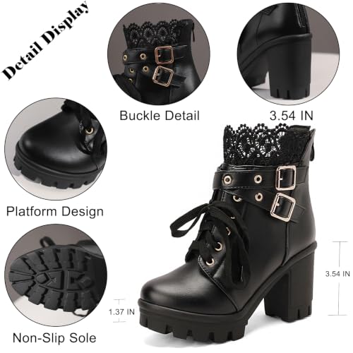 Image of MEOTINA Women Goth Boots Platform Chunky Heel Buckle Combat Ankle Booties | Edgy alt goth punk rave aesthetic for dress styling, rivets, lace up ,zip and lug sole design, black and white colors
