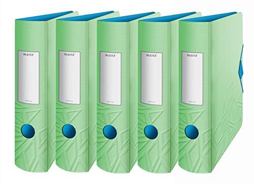 Leitz Qualitäts-Ordner 180° Active Urban Chic, A4, abgerundeter Rücken mit 82 cm Breite, Gummizugverschluss, leichter Polyfoam (grün, 5 Ordner/82 mm)