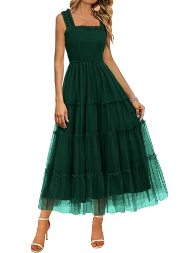 BTFBM Women's 2025 Summer Midi Dress Casual Sleeveless Square Neck Smocked Ruffle Tulle Party Wedding Guest Dresses(Dark Green, XX-Large)