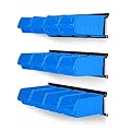 Ultrawall Wall Mounted Storage Bins, Plastic Hanging Storage Organizer Bins, Garage Tool Storage System for Screws, Nuts, Bolts, Nails, and Small Hardware Parts, 12x bins & 3 x rails, Blue