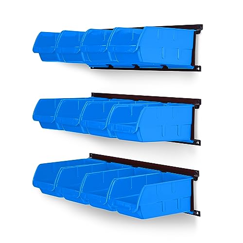 Ultrawall Wall Mounted Storage Bins Plastic Hanging Storage Organizer Bins Garage Tool Storage System for Screws Nuts Bolts Nails and Small Hardware Parts 12x bins & 3 x rails Blue
