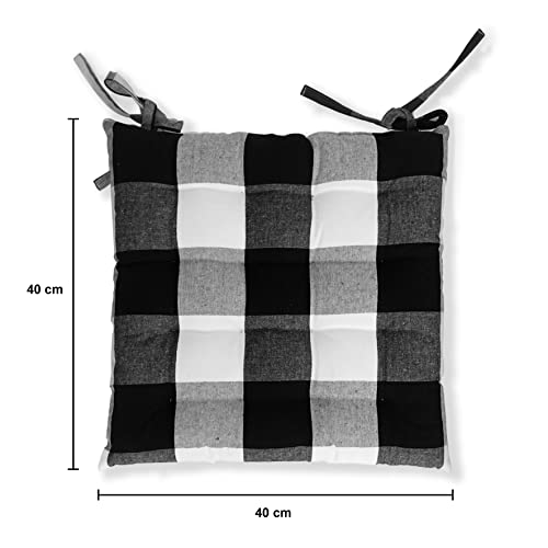 Image of Encasa XO Chair Cushions 40x40 cm with Ties 4 pcs - Buffalo Black Checks - Stripe Cotton Fabric, Rich Square Seat Cushions Micro-Fiber Filling, Large Size for Sitting, Sofa, Dining Table & Outdoor