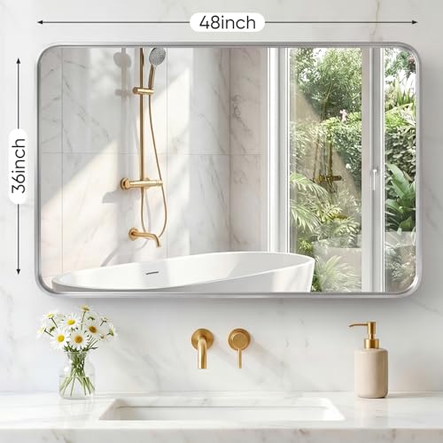 Image of Sweetcrispy Bathroom Mirror 48x36 Inch Metal Framed Rounded Rectangle Vanity Mirror for Wall, Over Sink, Farmhouse, Restroom, Anti-Rust, Modern Decorative, Horizontal or Vertical Hanging, Silver