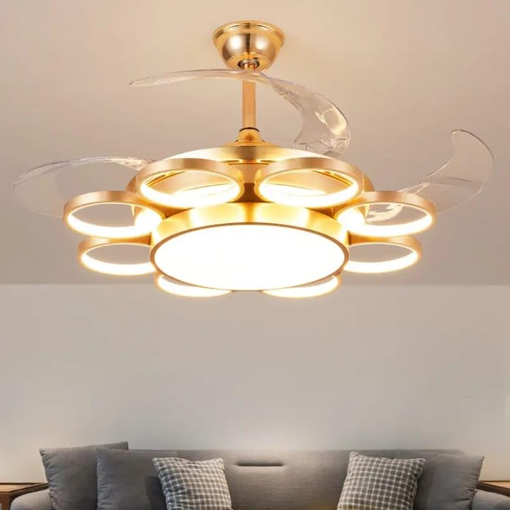 Image of Glowave 9 Rings Light Chandelier Fan 52 Inch Gold Retractable Blades Remote Control - Tricolour | Warm White, White, Natural White | (FI7775GD)