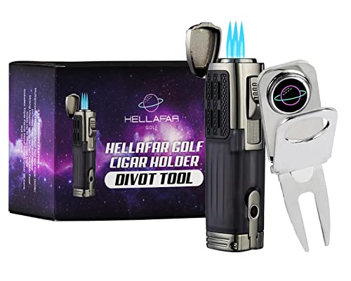 HELLAFAR GOLF Holder Divot Tool and Torch Lighter Kit - Magnetic Holder for Golf Carts - Divot Tool and Magnetic Ball Marker - Includes Triple Flame Torch Lighter (Butane Not Included)
