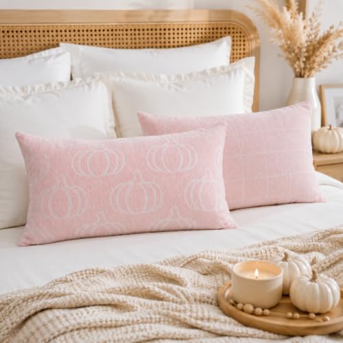 Image of Fall Pumpkin Lumbar Pillow Covers, Autumn Decor (Pink,12x20) | Double-sided pumpkin and plaid designs, thick chenille texture, hidden zipper, for couch, sofa, bed, farmhouse autumn decor