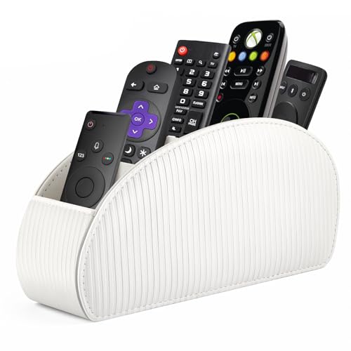 Image of SITHON Remote Control Holder with 5 Compartments - PU Leather Remote Caddy Desktop Organizer Store TV, DVD, Blu-Ray, Media Player, Heater Controllers, Stripe Pearl White