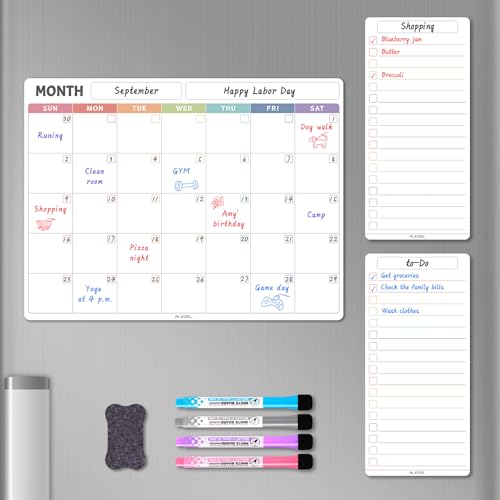 ALEZEL Magnetic Dry Erase Calendar for Fridge, Refrigerator Calendar Whiteboard Set - Monthly Planner with 2 List Boards, 4 Markers + Eraser, Colorful