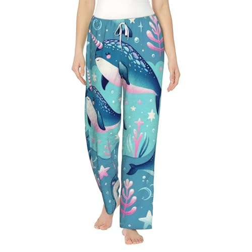 Pantalon de pyjama en polaire bleu marine pour femme au motif narval rigolo