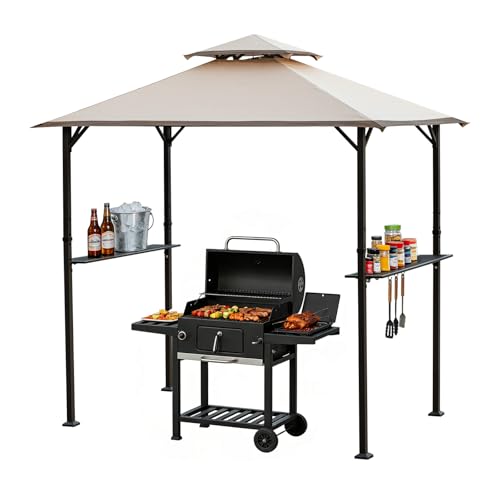 BBQ Gazebo with Shelves 8x4 Double-Tiered Grill Canopy Waterproof Patio Shelter with Adjustable Shelves Hooks & Ground Stakes for Backyard BBQ Garden & Camping