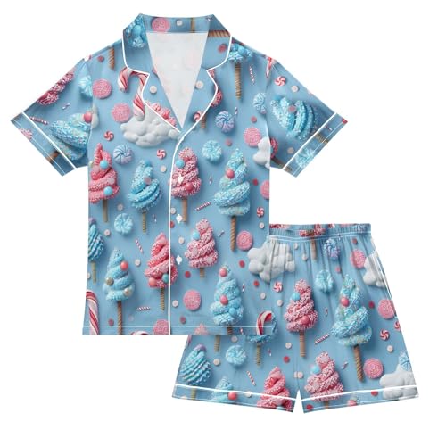 Satin Pajama Sets Short Sleeve Candy Trees and Clouds Pattern Button Down Silky Nightwear 2 Piece PJS 5-14Y