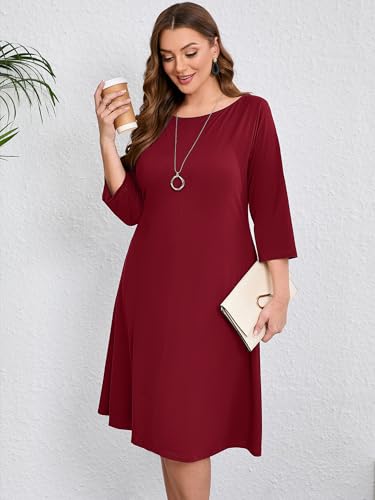 Image of AusLook Women's Plus Midi Dresses Crew Neck A Line 3 /4 Sleeves Casual Elegant Loose Wedding Vacation Dress with Pockets