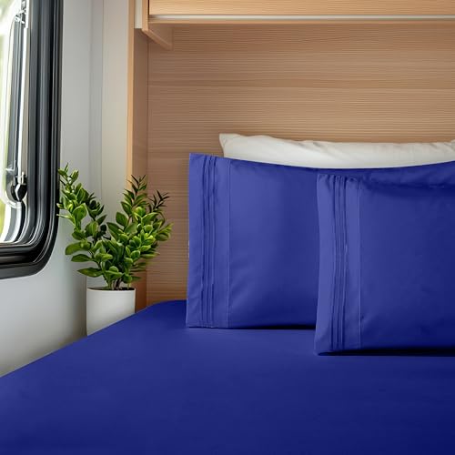 Image of Elegant Comfort Luxurious 1500 Premium Hotel Quality Microfiber Three Line Embroidered Softest 4-Piece Bed Sheet Set, Wrinkle and Fade Resistant, RV Short Queen, Royal Blue