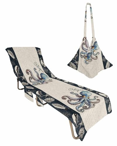 Nautical Coastal Octopus Beach Chair Towel Covers for Chaise Lounge with Side Pocket, Soft Plush Pool Towels Cover for Patio Sunbathing Outdoor Tropical Fish Shell Starfish 29''x85''