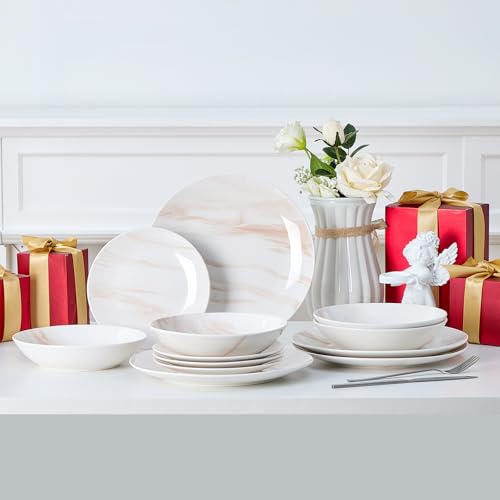 Image of Bestone 12 Pieces Round Kitchen Dinnerware Sets,Plates and Bowls sets,Dishes, Plates, Bowls, Dish Set,Plates and Bowls,Service for 4, Orange and White Marble