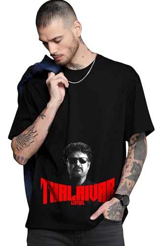 Image of LEOTUDE Oversized Half Sleeve Cottonblend Graphic Print Round Neck Drop Shoulder Baggie Tshirt for Man (Color Black)