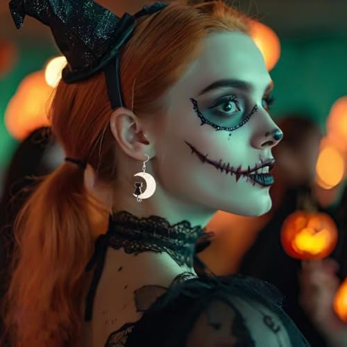 Halloween Earrings for Women, Moon Star Cat Spooky Skull Skeleton Dangle Earrings for Halloween Party Favors Decorations4