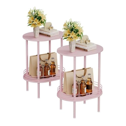 Image of Pink Side Table Set of 2,Small Modern Round Side Table with Storage,2-Tier End Table for Small Space -Living Room,Bedroom, Nursery (2PC,Pink)