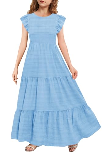 MITILLY Girls Summer Maxi Dress Cute Ruffle Short Sleeve A Line Flowy Casual Party Dresses with Pockets 6-13 Years