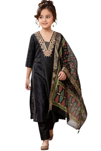 Image of Girls Cotton Blend Embroidered Kurta Pant with Printed Banarasi Style Dupatta Set | Festive Ethnic Wear for Kids | Traditional Suit Set for Girls (4-14Years)