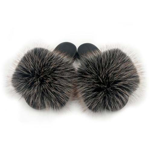 Image of Women's Faux Fur Slides Slippers Fluffy Fuzzy Sandals Open Toe Furry Slide Flip Flop Indoor Outdoor