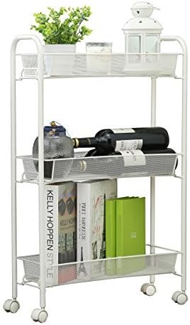 Slim Rolling Cart 3 Tier Metal Kitchen Cart Narrow Slide Out Storage Tower on Wheels for Kitchen/Bathroom/Office Organization, White