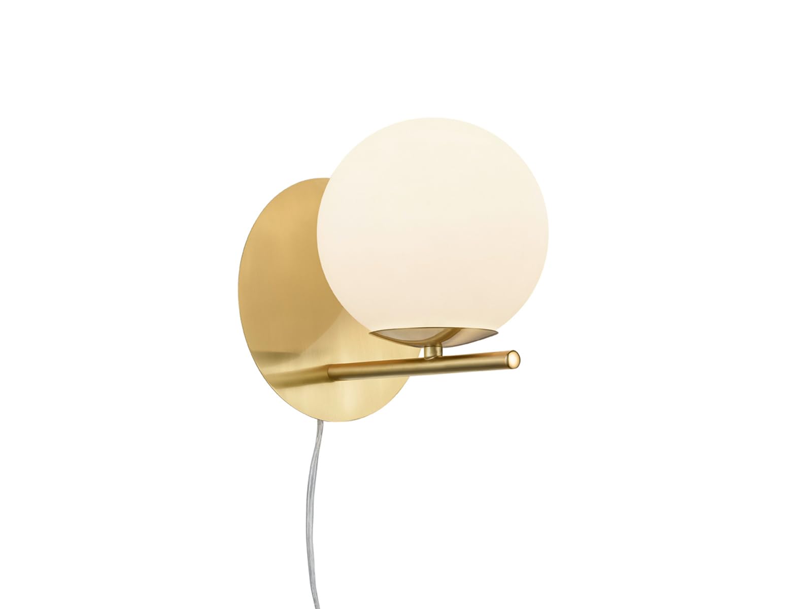 meineWunschleuchte Retro Wandleuchte mit Kabel, Stecker und Schalter, Messing mit Glaskugel Weiß, inkl. dimmbarem E14 Leuchtmittel, Höhe 21cm