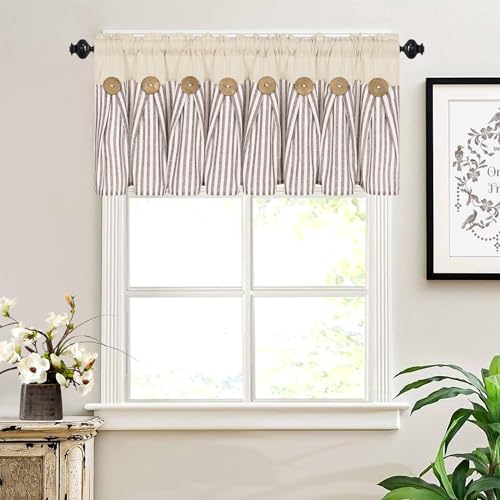 ASPMIZ Cotton Linen Kitchen Valance Curtains, Boho Rustic Button Valances for Windows Farmhouse Style, Brown Stripe Valance Window Treatments Tiers, Window Valances for Bathroom Cafe, 52 x 18 Inch