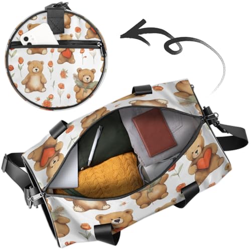 Teddy Bear Round Barrel Sports Fitness Bag, Teddy Bear Heart Travel Luggage Bag, Reusable Handbag, Suitable For Men and Women4