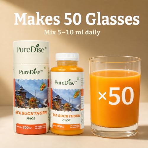 Image of Puredise Himalayan Sea Buckthorn Berry Juice 300 ml - Natural Vitamin C, Omega 3 6 7 9, Antioxidants For Immunity, Skin Glow & Gut Health - Makes 50 Glasses - Lab Tested
