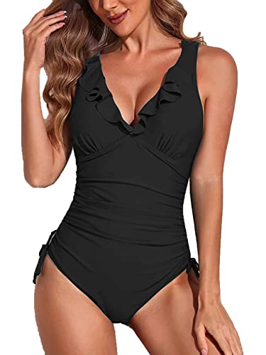 Yutdeng Traje de Baño Mujer de Una Pieza Volantes Cuello en V Fruncido Monokini Push Up Ropa de Baño Reductores Barriga Bañador con Relleno y Cordón Bañadores Natacion Sexy Retro