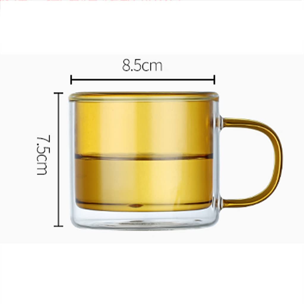 Doppelwandiges Glas-Kaffeetassen-Set mit Griff, isoliert, wiederverwendbar, farbige Trinkgläser, Weingläser, Glasgeschirr, Trinkgläser, Teetasse, 250 ml, Gelb