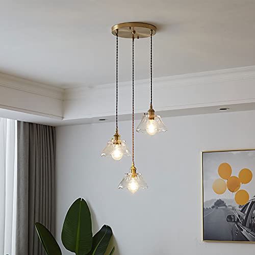 Luminaire suspendu réglable en verre transparent, plafonnier vintage trois lumières