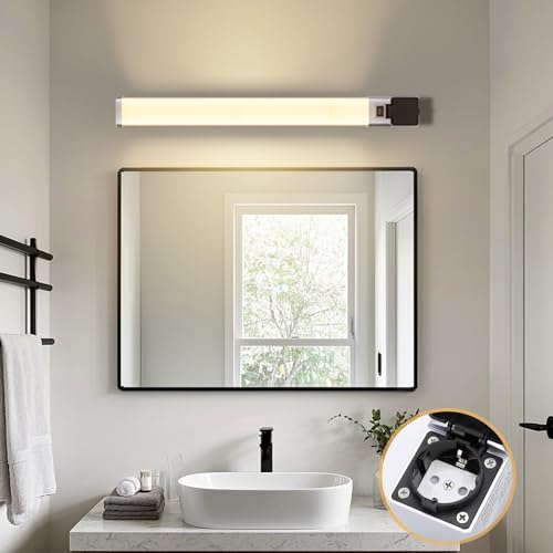 Aigostar Lámpara LED de Espejo con toma de corriente 66.5cm 15W 1350LM Lámpara de Baño 4000K Luz natural Lámpara LED de Pared IP44 230V Luz de Espejo de Baño de Blanco Apliques Espejo de Baño