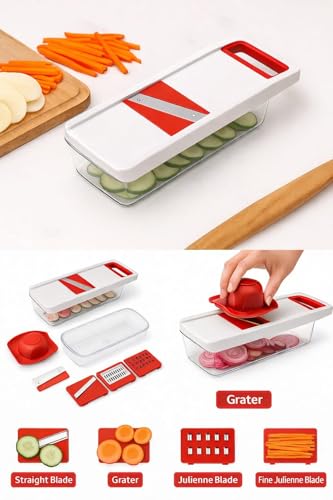 Image of Multifunctional 6 in 1 Vegetable Slicer, Mandoline Vegetable Chopper with Container, Red and White, Multi-Blade Slicer Dicer Grater Set, Kitchen Food Prep Tool