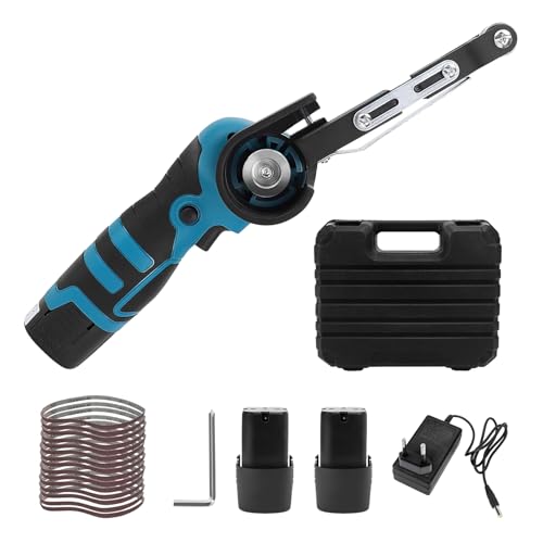 Lijadora de banda, con 15 bandas abrasivas (granulometría de 80 a 1000), 2 baterías + cargador, batería de litio 16,8V, 7000 rpm, mini lijadora para madera, metal y superficies curvadas