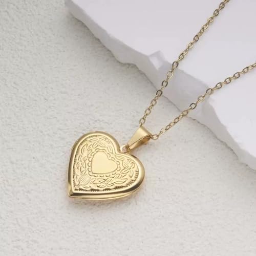 COLORFUL BLING Locket Picture Pendant Necklace,Vintage Engraved Flower Empaistic Carved Pattern Oval Round Heart Necklace 6
