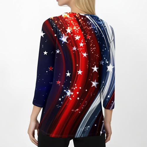Image of 4th of July Shirts Women 3 /4 Length Sleeve Womens Tops Henley Neck Casual Patriotic T Shirts