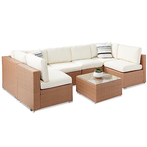 Image of DEVOKO 4 Pcs Outdoor Patio Furniture Wicker Sectional Sofa Conversation Set with Cushions for Garden, Park, Porch, Patio, Poolside, Backyard (Beige and Off White)