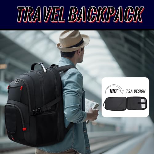 Image of Large Travel Backpack for Men, 17.3 inch Laptop Backpack, Black | 45L Capacity, 180 TSA-Friendly Carry On, Laptop Compartment, Water-Resistant, Sturdy Handle for Work Travel College