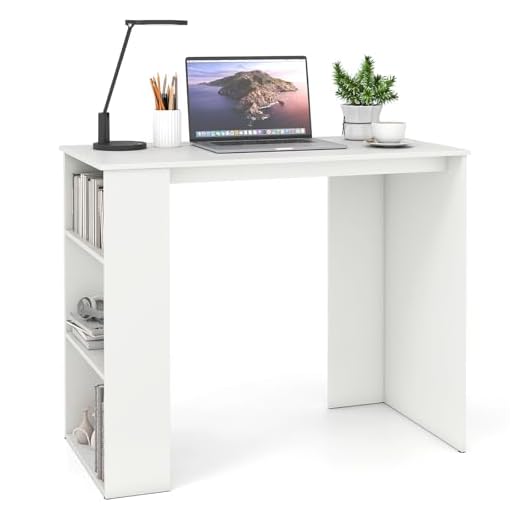 GIANTEX Scrivania per computer con ripiani laterali di stoccaggio, tavolo da lavoro compatto, 90 x 45 x 75 cm, scrivania rettangolare per camera da letto, ufficio, studio (bianco)