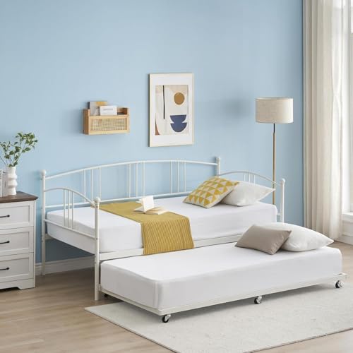 Garvee Twin Metal Daybed with Trundle, Pullout Trundle Bed Frame with Arched Headboard, Guest Sofa Bed with Steel Slat Support, No Box Spring Required, Easy Assembly, White White Twin