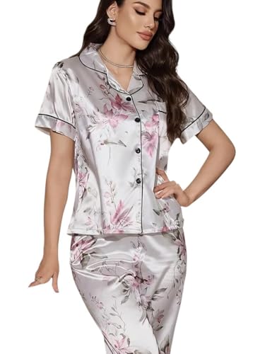 Perkin Elegant Women's Satin Pajama Set, Short-Sleeve Floral Print Button-Down Top with Pants, Silver and Pink Loungewear for Sleeping and Casual Wear (UK, Numeric, 12, Regular, Regular)