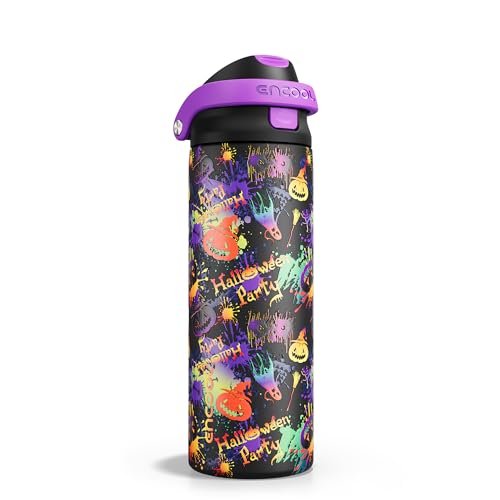 Image of Encool SwiftSip Insulated Stainless Steel Water Bottle with Straw - Leak Proof Sports Water Bottle for School, Travel, Keeps Cold All Day, One-Touch Flip Lid, BPA-Free, 24 oz, Ghost Party
