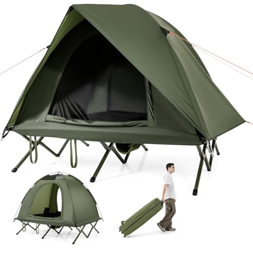FANTASK Feldbett mit Zelt 2 Personen, Camping-Ausrüstung mit Regenschutz, 2 Netztüren, Dachfenster & Rolltasche, Outdoor-fähige Unterkunftsbett,...
