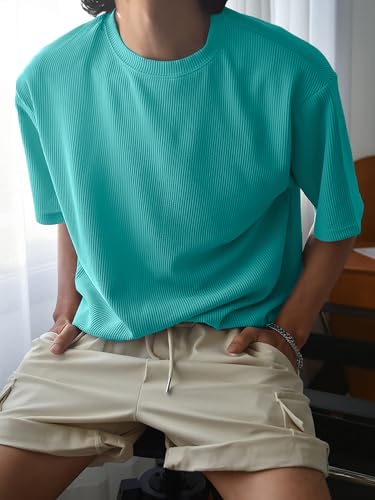 Image of Men's Oversized Ribbed Textured T-Shirt | Premium Knit Fabric | Relaxed Fit | Half Sleeve Crew Neck Casual Solid Tee