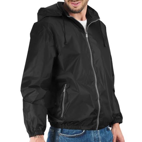 PERLETTI Cortavientos Hombre Mujer Ultra Ligero - Chubasquero Impermeable Rompevientos con Capucha y Bolsillos Unisex - Chaqueta Ropa Deportiva Anorak con Estuche Outdoor Trekking Running (Negro, M)