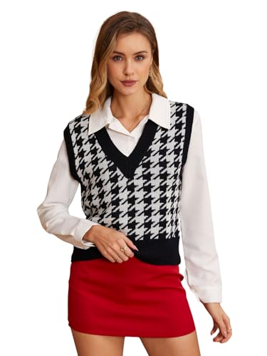 SweatyRocks Womens Sleeveless V Neck Knit Sweater Vest Houndstooth Crop Tank Top White Black S